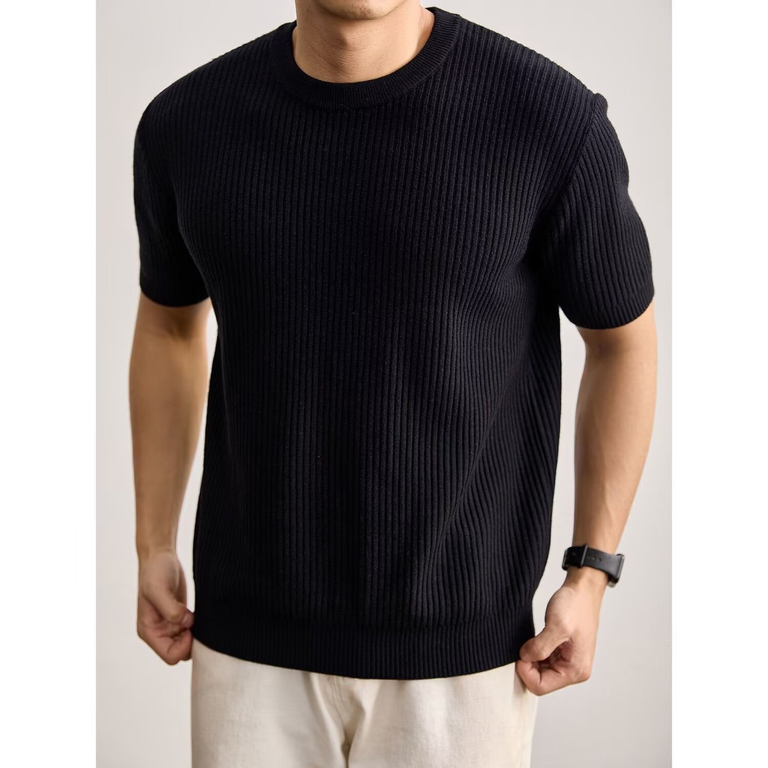 camiseta de punto camiseta de manga corta hombre elástico agujero vertical rayas viejos negocios hielo seda fábrica transfronteriza al por mayor