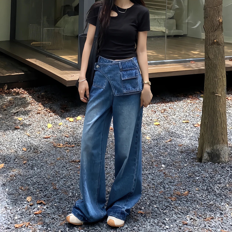 美式阔腿牛仔裤女秋季2025新款大码胖mm显瘦宽松直筒梨型身材裤子|undefined