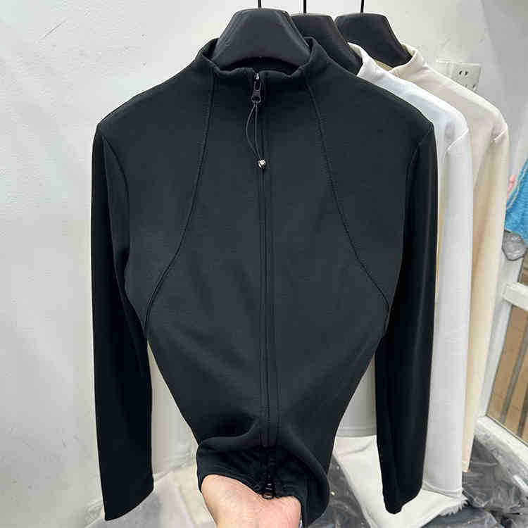 ダブルジッパーカーディガンスタンドカラー長袖Tシャツスウェットシャツデザイン無地万能ボトムシャツレディース春スリムトップ|undefined