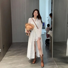 2025春秋新款设计感小众镂空白色蕾丝法式重工长袖连衣裙套装