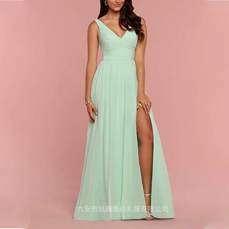 Spot Supply Women's Bridesmaid Dress Long Chiffon Side Slit Formal Evening Dress Wedding Dress European and American Dress