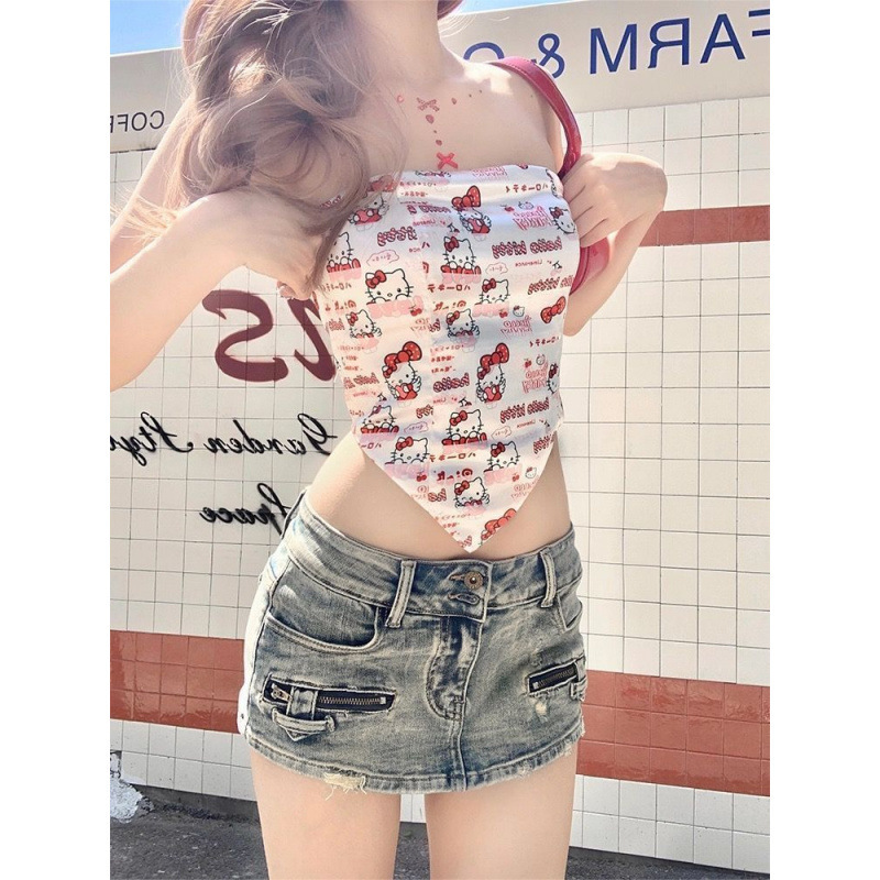ホットガール漫画プリント三角スカーフ夏の新しい韓国スタイル超見栄えの良いハローキティチューブトップバックレスアウターウェア多用途|undefined