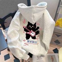 银狐绒港风炸街卡通黑猫印花连帽卫衣情侣款潮牌宽松秋冬季外套女