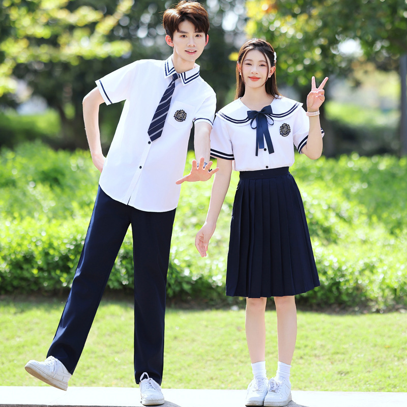 Shipping in 2025, Real Shot of Couple Outfits, Preppy Style Uniforms, Student Class Uniforms, Navy Collar Shirts, Graduation Performance Costumes