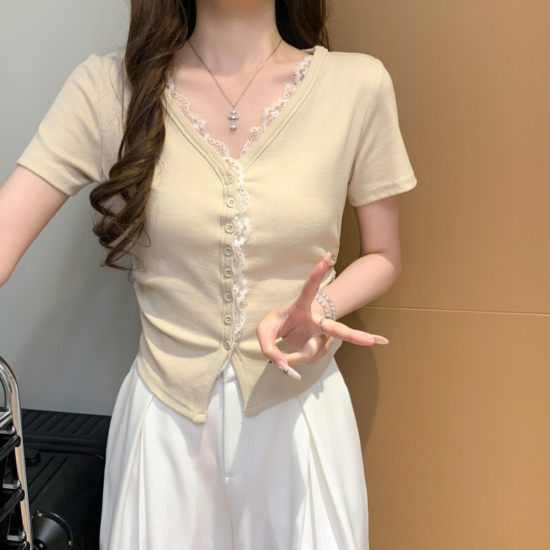 设计感拼接蕾丝V领短袖正肩收腰T恤女春夏季新款修身开衫上衣批发