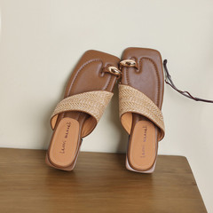 草編度假風~2024新款里外全皮羊皮金扣平底方頭拖鞋牛筋大底女鞋