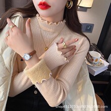 奶蓝色毛衣女款2025新款冬季木耳边半高领加绒加厚一体绒打底上衣