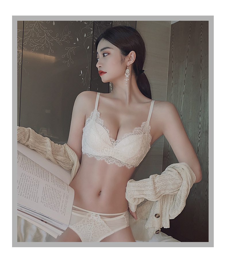 Encaje blanco ropa interior de las mujeres inalámbrico pequeño pecho push up pecho soporte anti-flacidez ajuste sujetador traje 3388