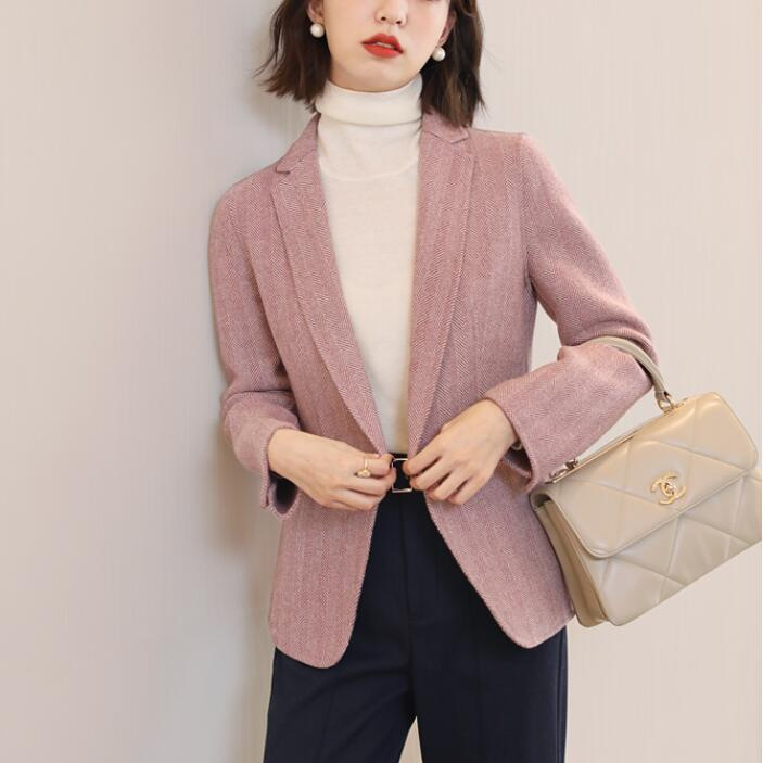 Korean style design sense niche slim fit slimming small suit yarn-dyed texture wool one button suit jacket autumn east women