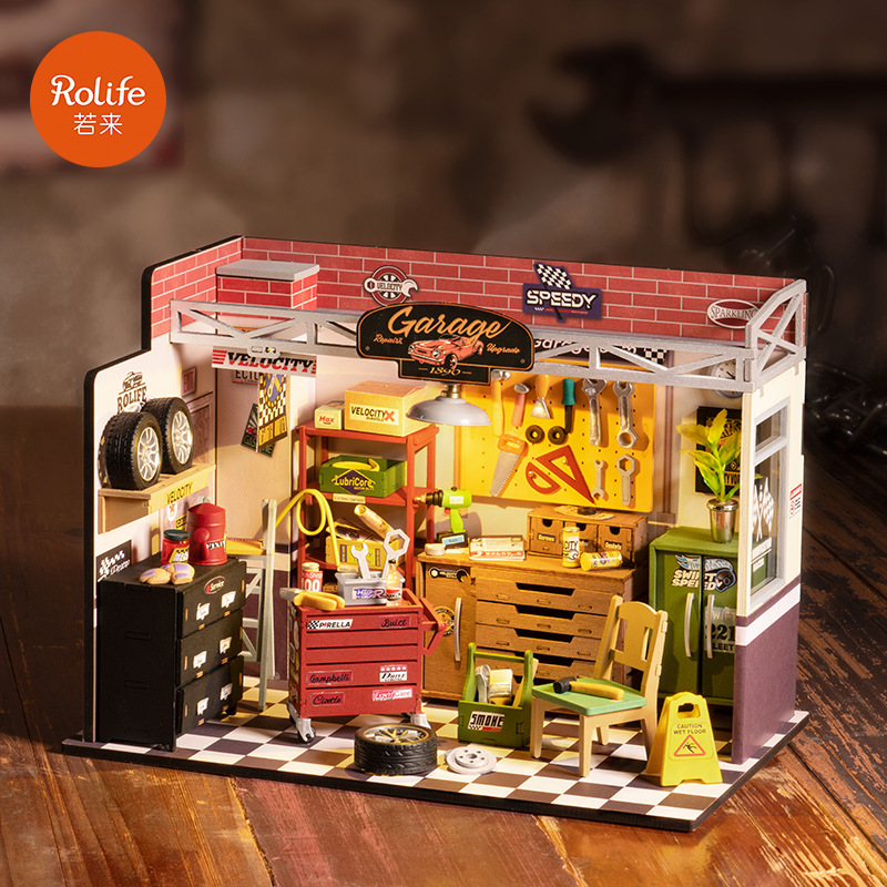 Rollife Ruo Lai Dream Auto Repair Room Diy Cottage Modelo hecho a mano Casa pequeña Escena en miniatura Bloques de construcción Juguetes