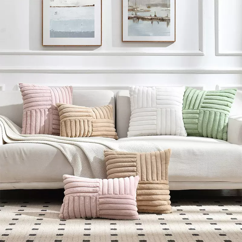 跨境十字拼接小抽条抱枕套现代简约轻奢兔绒靠枕套名宿沙发枕套