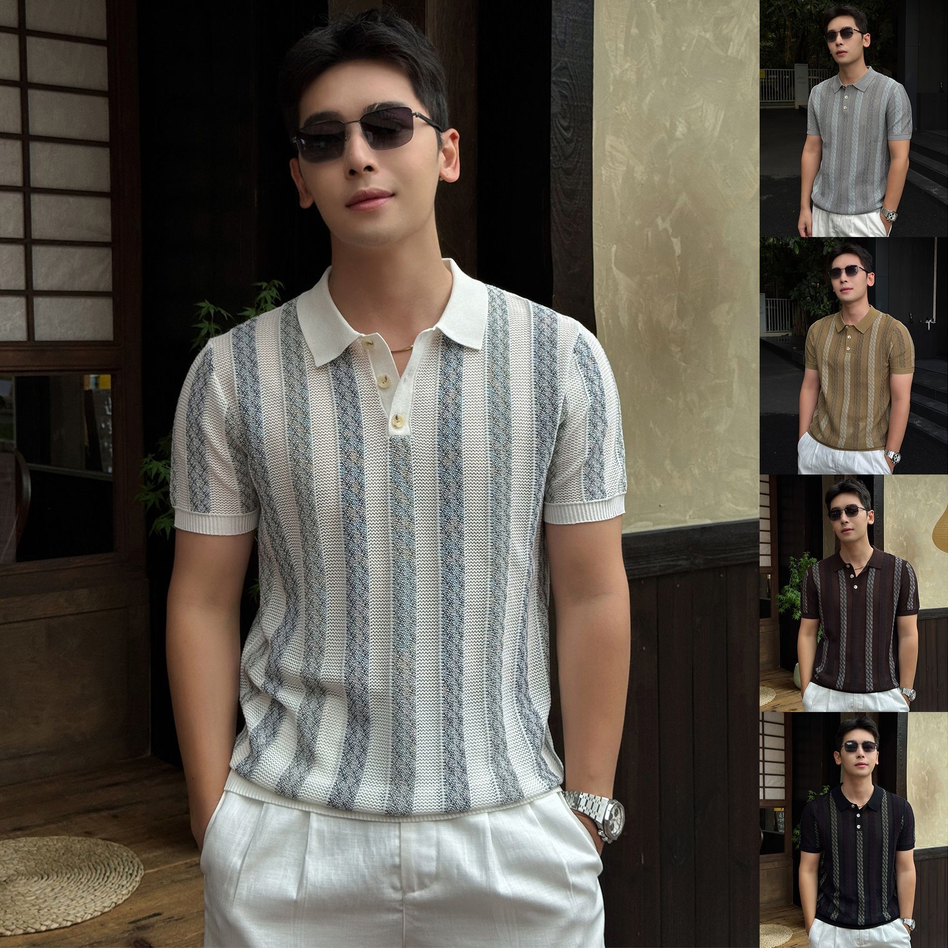Polo camiseta de punto camiseta de manga corta camiseta de hombre solapa rayas huecas viejos vientos de alto nivel de verano fábrica transfronteriza al por mayor