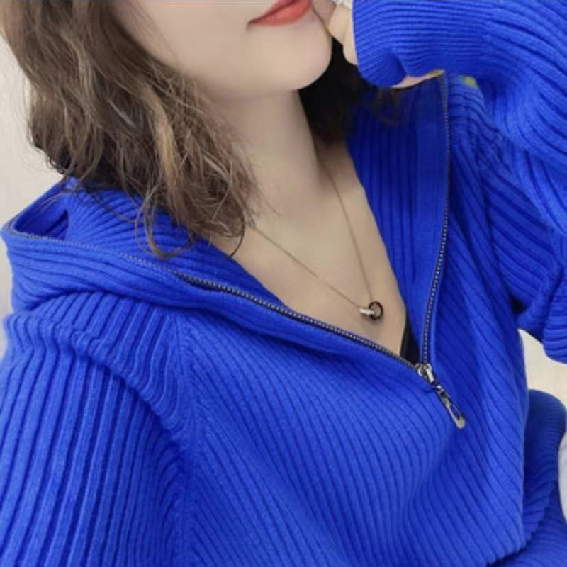 Demi-season elastic knitted base body-friendly sweater with zipper…