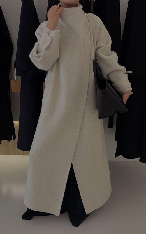 2025秋冬新款大翻领设计宽松双面羊毛大衣女赫本加长款呢外套|undefined