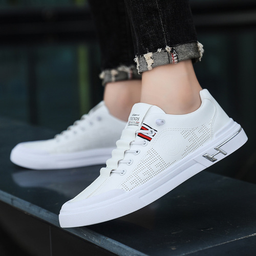 Men's Summer Mesh Leather Casual Board Shoes with Soft Breathable Insoles, Heel Lift, and White Sneakers