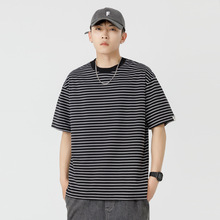 鲲海鹏云夏季条纹t恤男士日系简约宽松经典条纹短袖t恤情侣装上衣