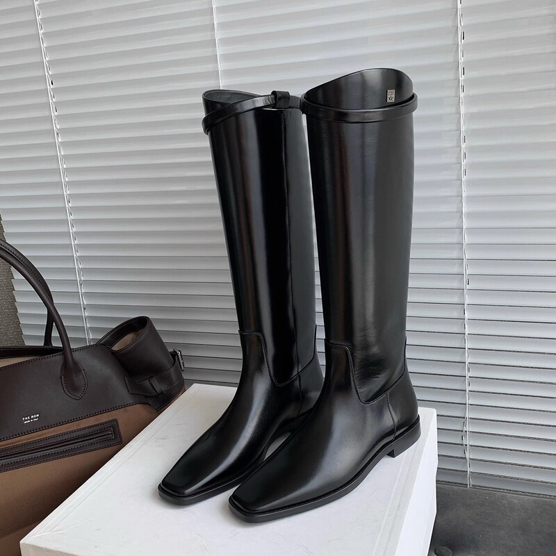 In-Stock and Ships Instantly! Grape Mom's Same Style Square-Toe Cowhide Slimming Belt Buckle Knee-High Chunky Heel Platform Riding Boots