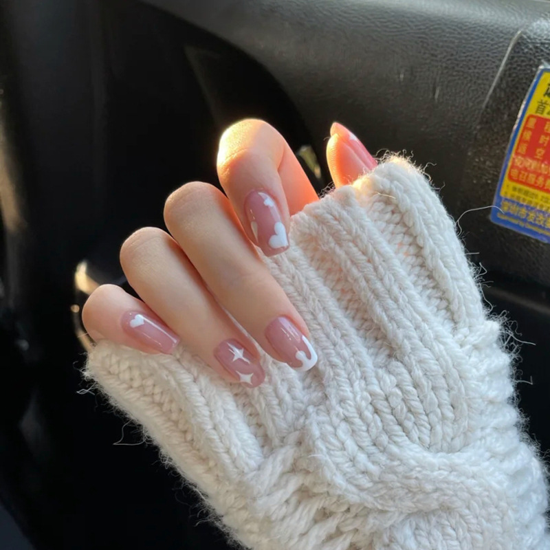 Fake Nail Patch Removable Pink Star Mid-length Nail Patch White Reusable Student Fake Nail Cover Fake Nail Patch Removable Pink Star Mid-length Nail Patch White Reusable Student Fake Nail Cover