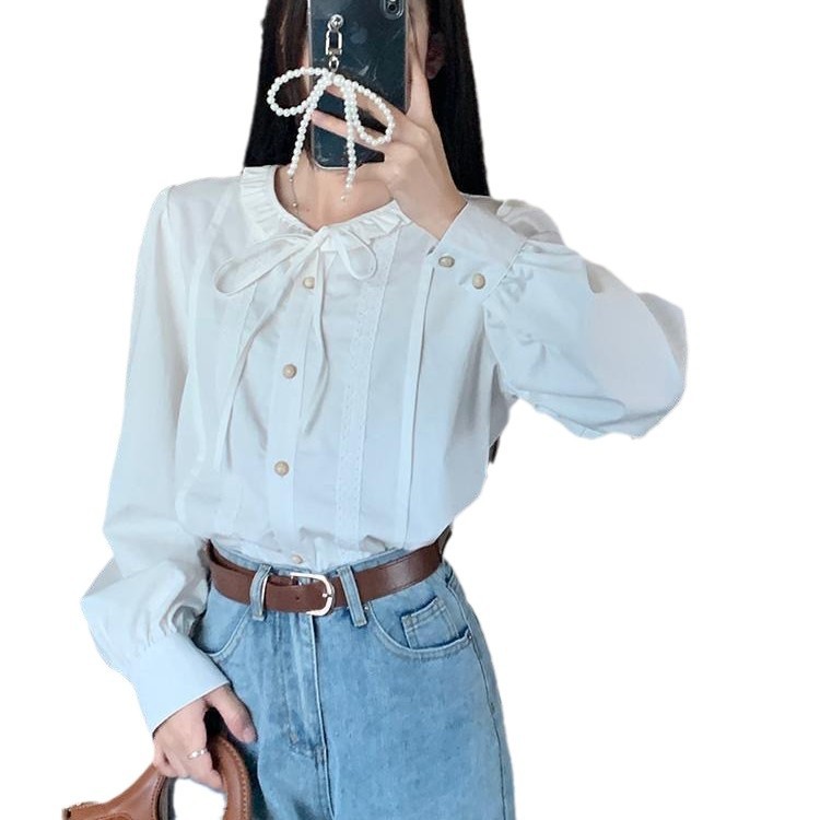 2024 화이트 인형 셔츠 새로운 디자인 센스 틈새 가을 셔츠 작은 셔츠 세련된 프랑스 긴 소매 탑