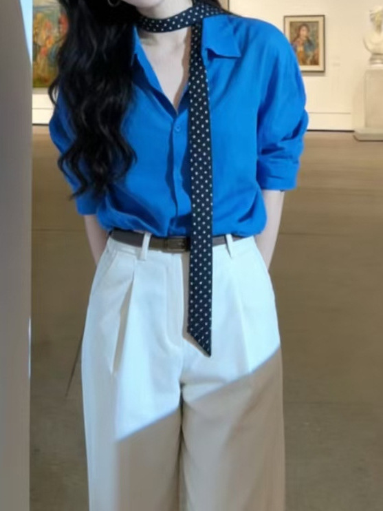 Blue shirt, jacket, long cardigan, high-quality style, polo collar, oversize