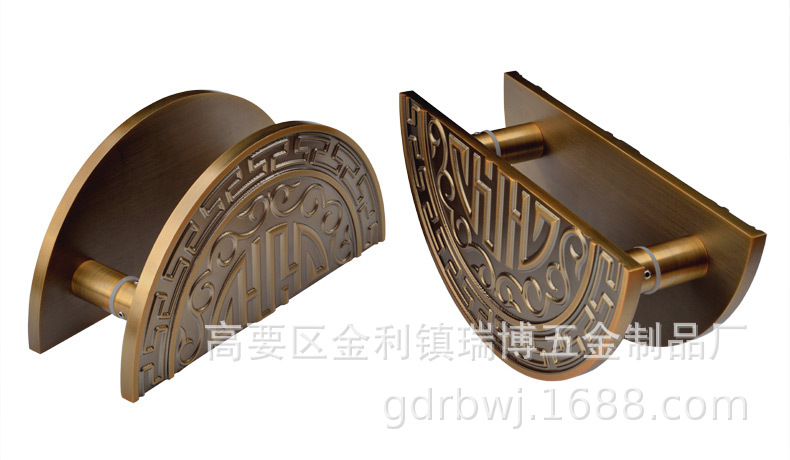 古铜色雕刻门把手中式玻璃门木门把手实心铝板定制对装
