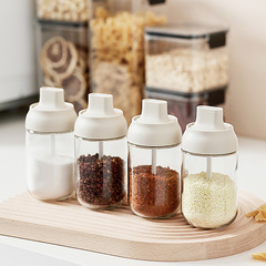 Integrated seasoning bottle with label, moisture-proof lid and spoon, transparent glass oil bottle, soy sauce vinegar bottle, oil bottle