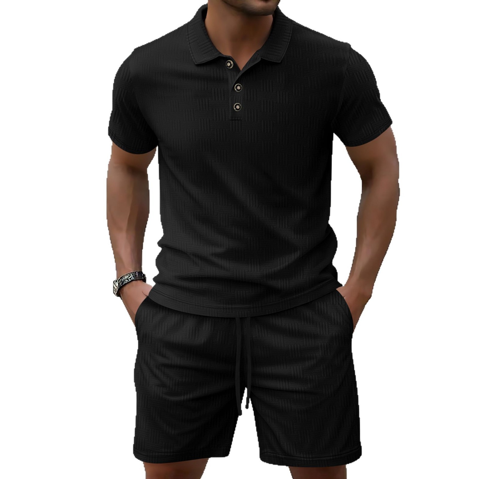 2025 cross-border summer new European and American foreign trade casual men's solid color jacquard lapel button short sleeve shorts suit