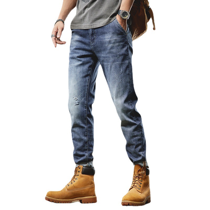 Übergroße Jeans im europäischen und amerikanischen Stil für Männer mit extra Fett und extra großen handgefertigten, abgenutzten, schmal geschnittenen koreanischen Hosen, trendige Herrenmarke aus dem Ausland_voghion.com