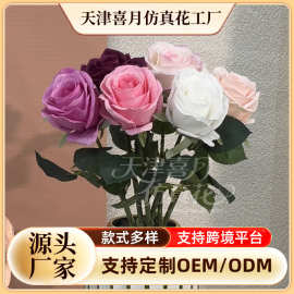 跨境婚庆礼堂瀑布造景花墙玫瑰花单枝圆玫瑰手感保湿仿真花把束
