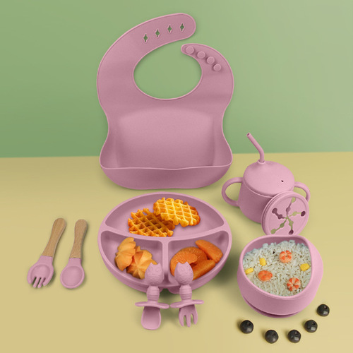 Cross-border best-selling children's food supplement silicone dinner plate bowl fork spoon bib 9-piece tableware set anti-fall dinner plate set