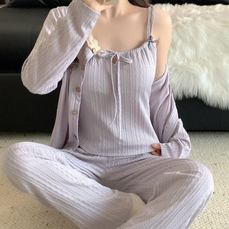 Pure Desire Style Cotton Camisole Pajamas Women's Three-Piece Set Spring and Autumn Long Sleeve Jacket Long Pants Lace Trim Homewear Set Pure Desire Style Cotton Camisole Pajamas Women's Three-Piece Set Spring and Autumn Long Sleeve Jacket Long Pants Lace Trim Homewear Set