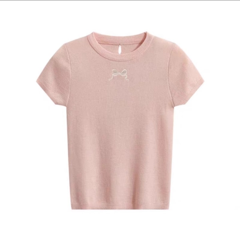 ブルーリボン刺繍薄手ニット半袖Tシャツレディース2025夏新作中空ショルダートップ|undefined