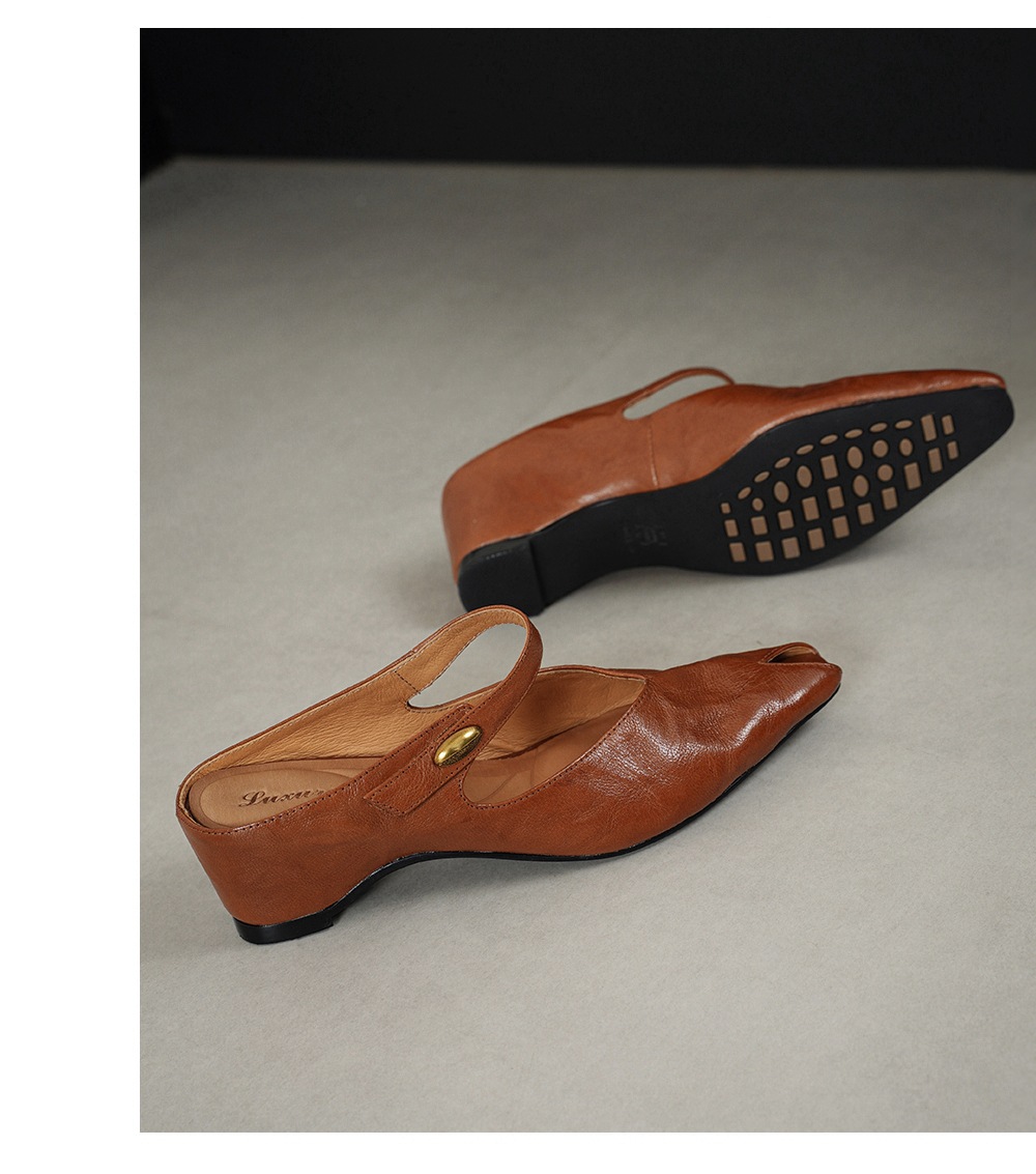 Sandal nữ mũi nhọn quai ngang gót vuông 7 cm da cừu — đen chi tiết 15