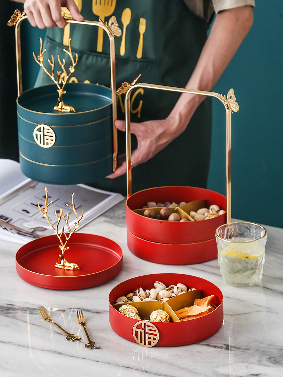 Sala de estar del hogar compartimiento de doble capa de lujo ligero giratorio fruta seca merienda plato de fruta mesa de té boda creativa caja de almacenamiento de dulces