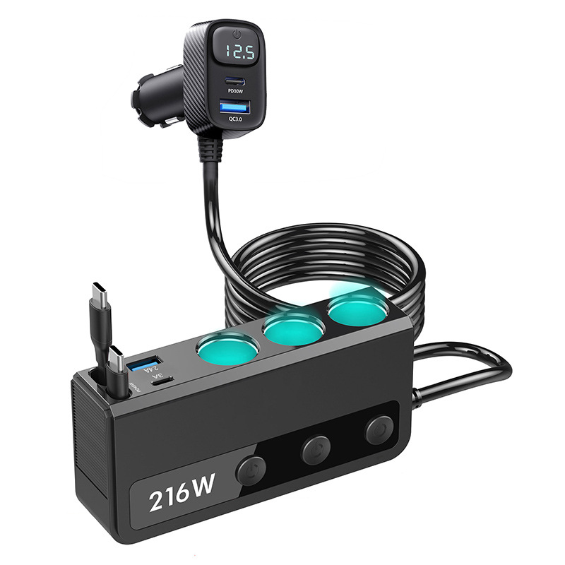 Multifunctional car charger with retractable cable, digital display, high-power car charger, fast charging