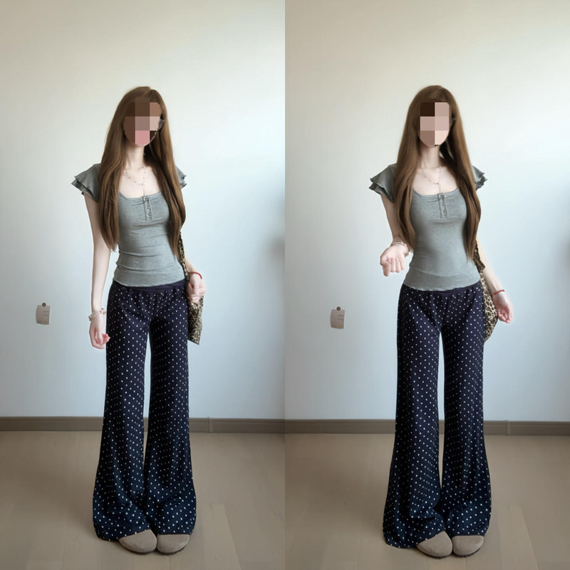 Gray U-Neck Short-Sleeve T-Shirt with Small Flutter Sleeves for Women, Summer Outfit with Polka Dot Casual Pants, Beautiful Early Spring Outfit, Tencel