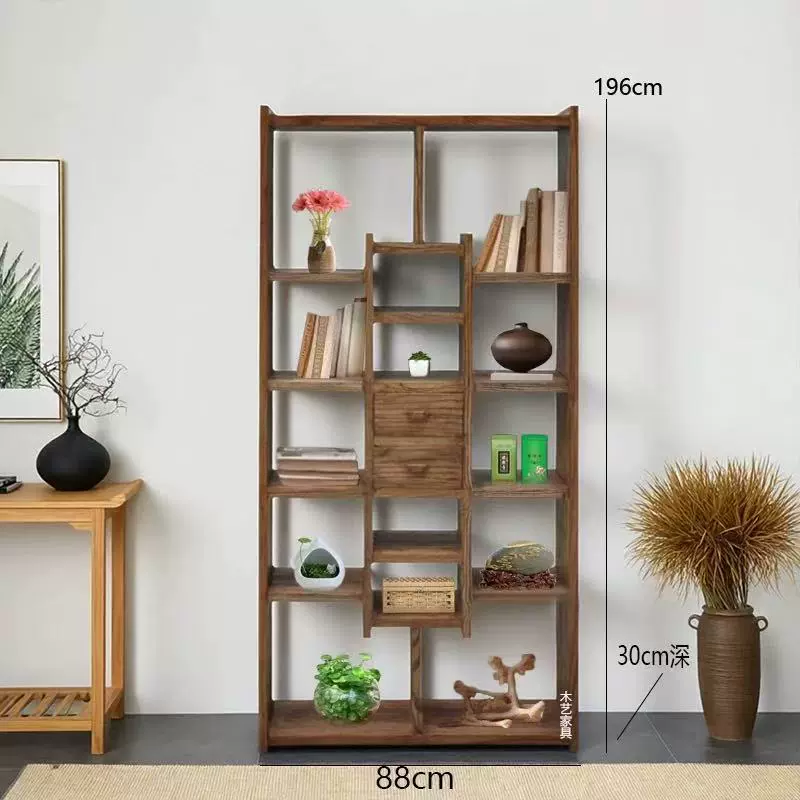 老榆木多宝阁仿古博古架实木中式书架茶叶展示柜原木靠墙展示架