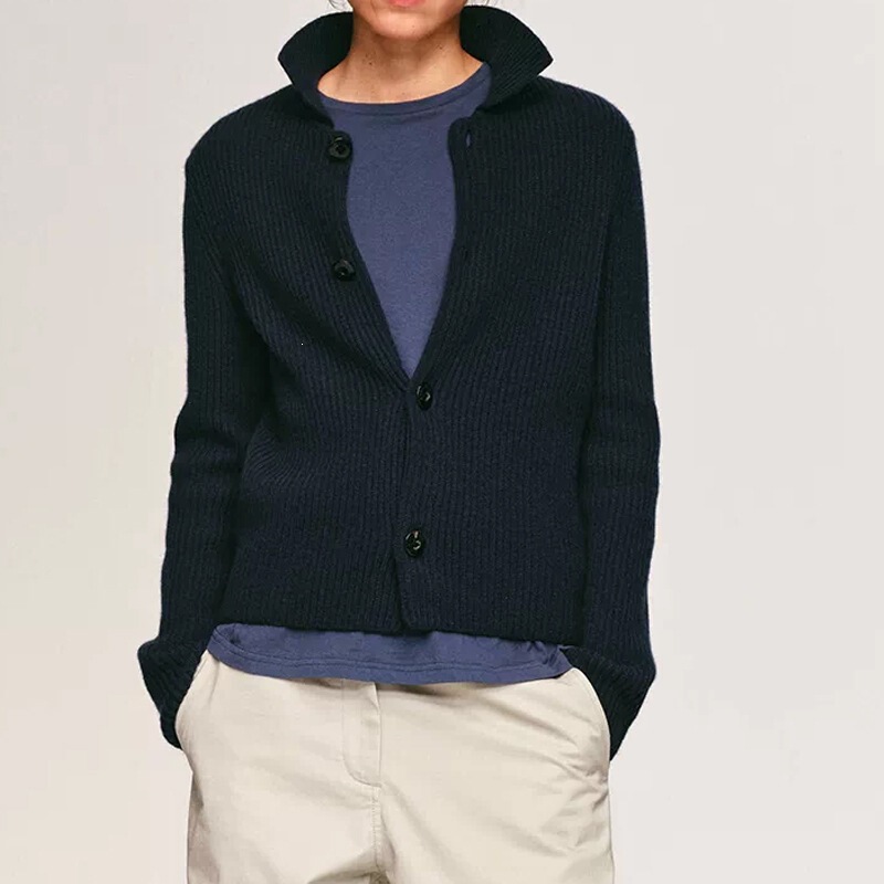 In Stock Alright Stand-Up Collar Ribbed Wool Knit Cardigan Women's Single-Breasted Sweater Coat Top