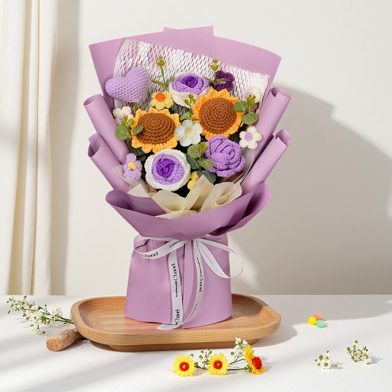 Ramo de lana femenina de cumpleaños, producto práctico terminado, tulipán rosa, ganchillo hecho a mano, paquete de material de bricolaje al por mayor