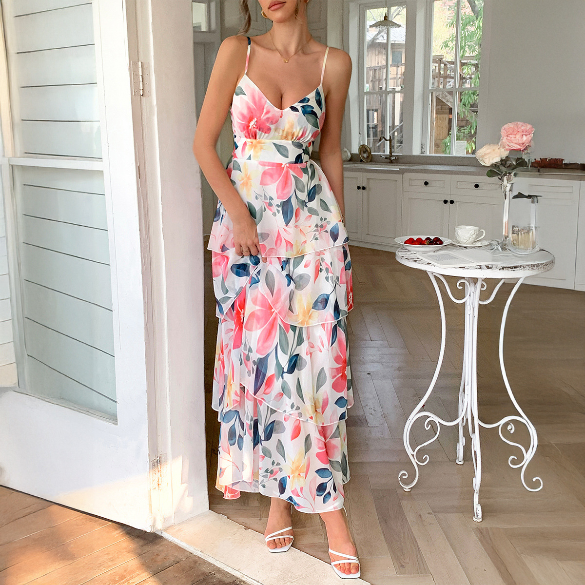 Women's Floral Summer Resort Casual Strappy Maxi Dress
