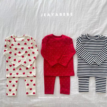 新款百搭家居服！韩版代购童装 25冬款女童婴童爱心条纹睡衣套装