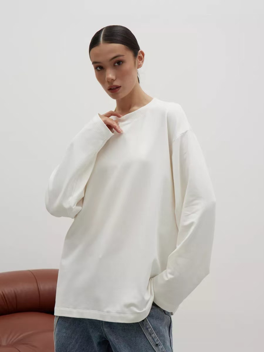 2024 Early Autumn All-match Personalized Simple Solid Color Pure Cotton Long-sleeved T-shirt Casual Loose Fashion Lazy Style Top Trendy