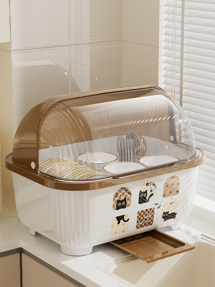 Kitchen Dish Rack, Tableware Storage Box with Lid, Tableware Storage Box, Dish Drain Rack, Plastic Household Cupboard