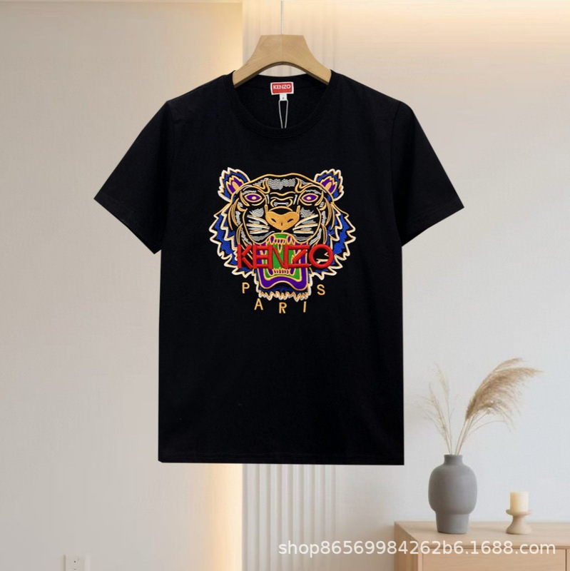 KE N タイガーヘッド カップルスタイル レター刺繍 タイガーヘッド ラウンドネック 半袖 Tシャツ ドロップシッピング用|undefined
