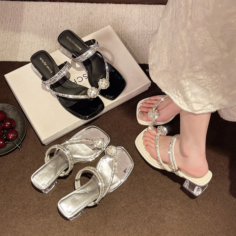 French-Style Chunky Heel Sandals for Women, Summer 2026 New Model, Rhinestone High Heels, Dual-Wear Thong Sandals with a Single Strap French-Style Chunky Heel Sandals for Women, Summer 2026 New Model, Rhinestone High Heels, Dual-Wear Thong Sandals with a Single Strap