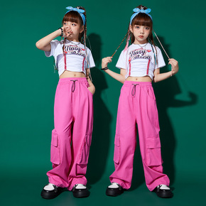 Girls  hiphop street Jazz Dance costumes pink color Model Walk Fashion kids rapper singers gogo dancer dance outfits modern dance wear