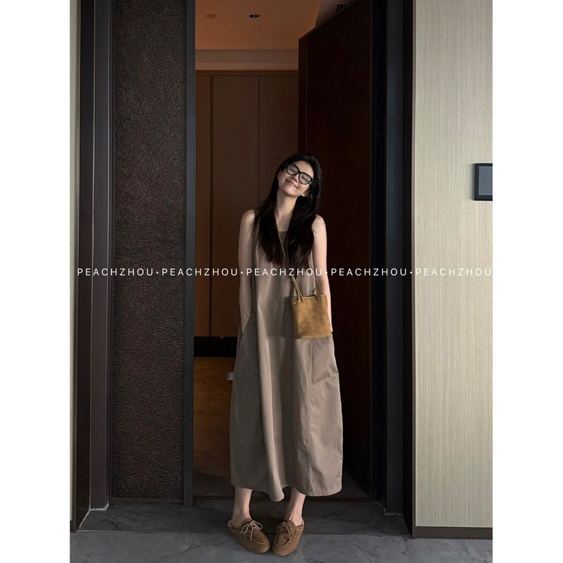 Japanese-Style Workwear Loose Cocoon-Shaped Vest Dress Minimalist Casual High-Intellectual Sleeveless Long Dress # 3586Y Japanese-Style Workwear Loose Cocoon-Shaped Vest Dress Minimalist Casual High-Intellectual Sleeveless Long Dress # 3586Y
