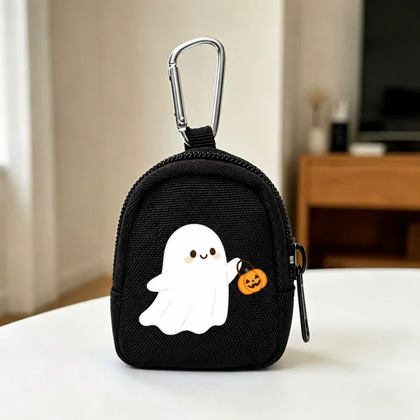 Cute Ghost Pumpkin Print Mini Backpack Halloween Portable Earphone Bag Cartoon Keychain Coin Purse