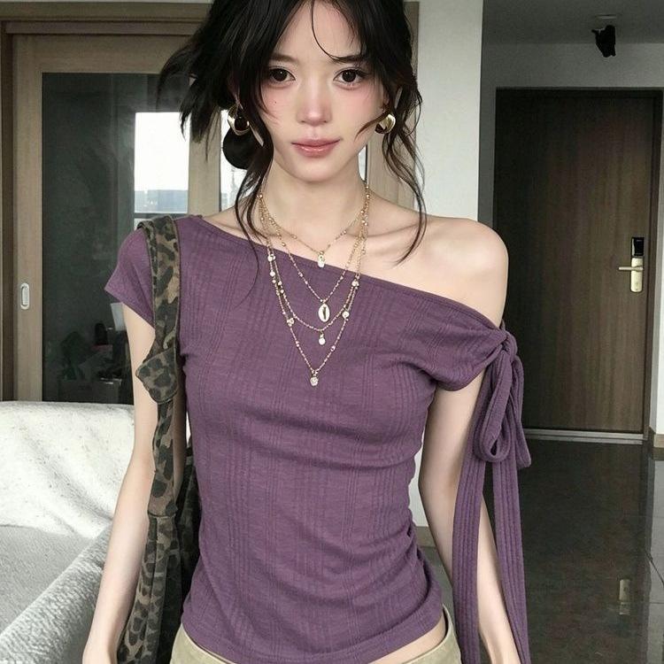 【Factory In-Stock】Barbie Bamboo Style Korean Purple Asymmetrical Shoulder T-Shirt for Women, Summer Short Sleeve Irregular Hot Girl Top 【Factory In-Stock】Barbie Bamboo Style Korean Purple Asymmetrical Shoulder T-Shirt for Women, Summer Short Sleeve Irregular Hot Girl Top