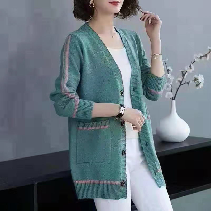 Women's V-neck knitted cardigan for autumn and winter 2023 New loose long sleeve mid-length striped sweater coat
